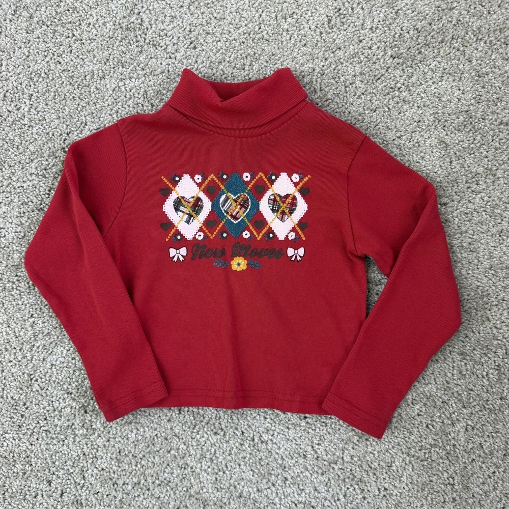 Vintage New Moves Shirt Girls 5 Red Turtleneck Heart Argyle Floral Graphic